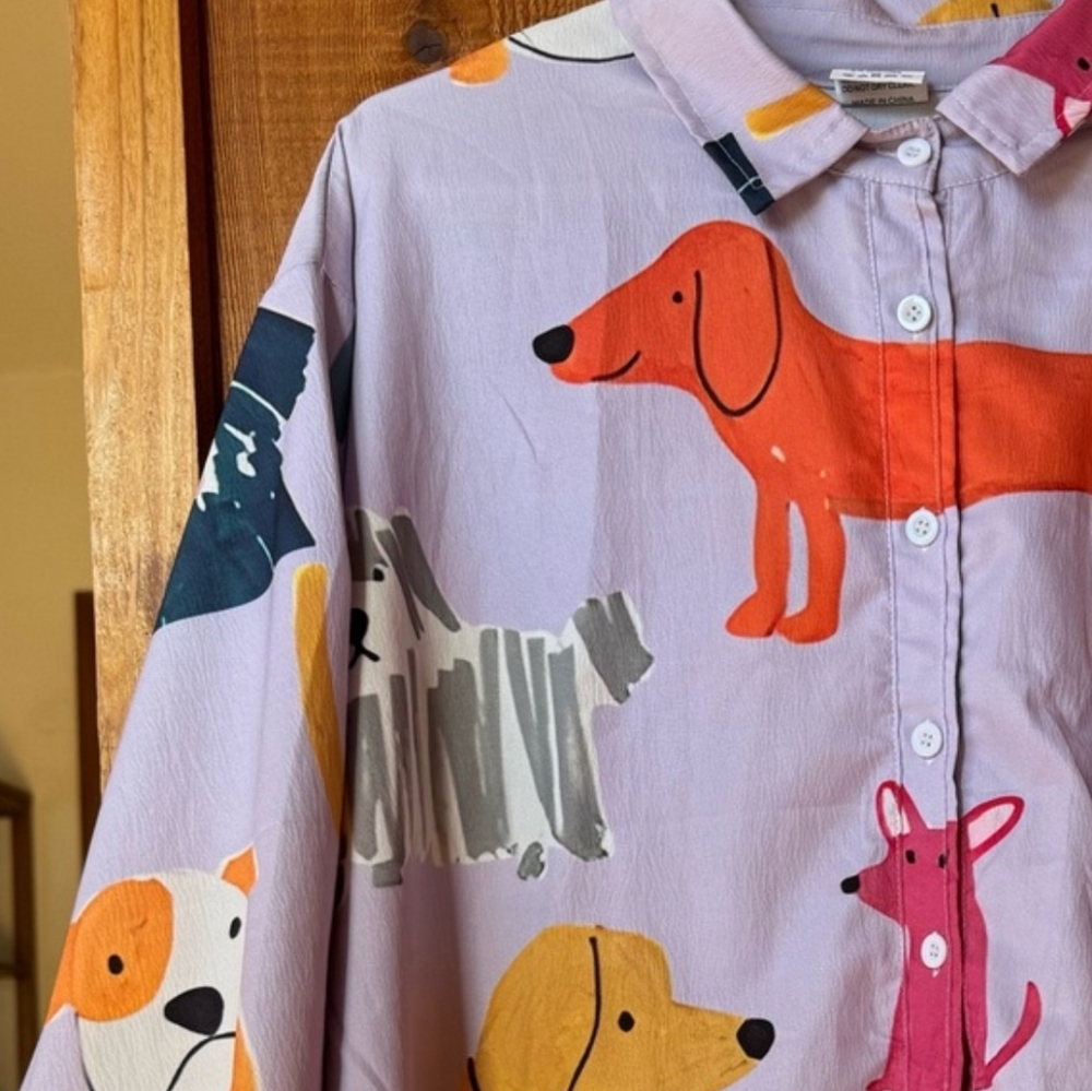 Dog Print Partial Button-Up Shirt in Lavender with Multicolor Dogs